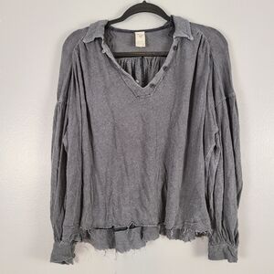 We The Free Rush Hour Linen Cotton Blend Cropped Long Sleeve V-neck Collar Top